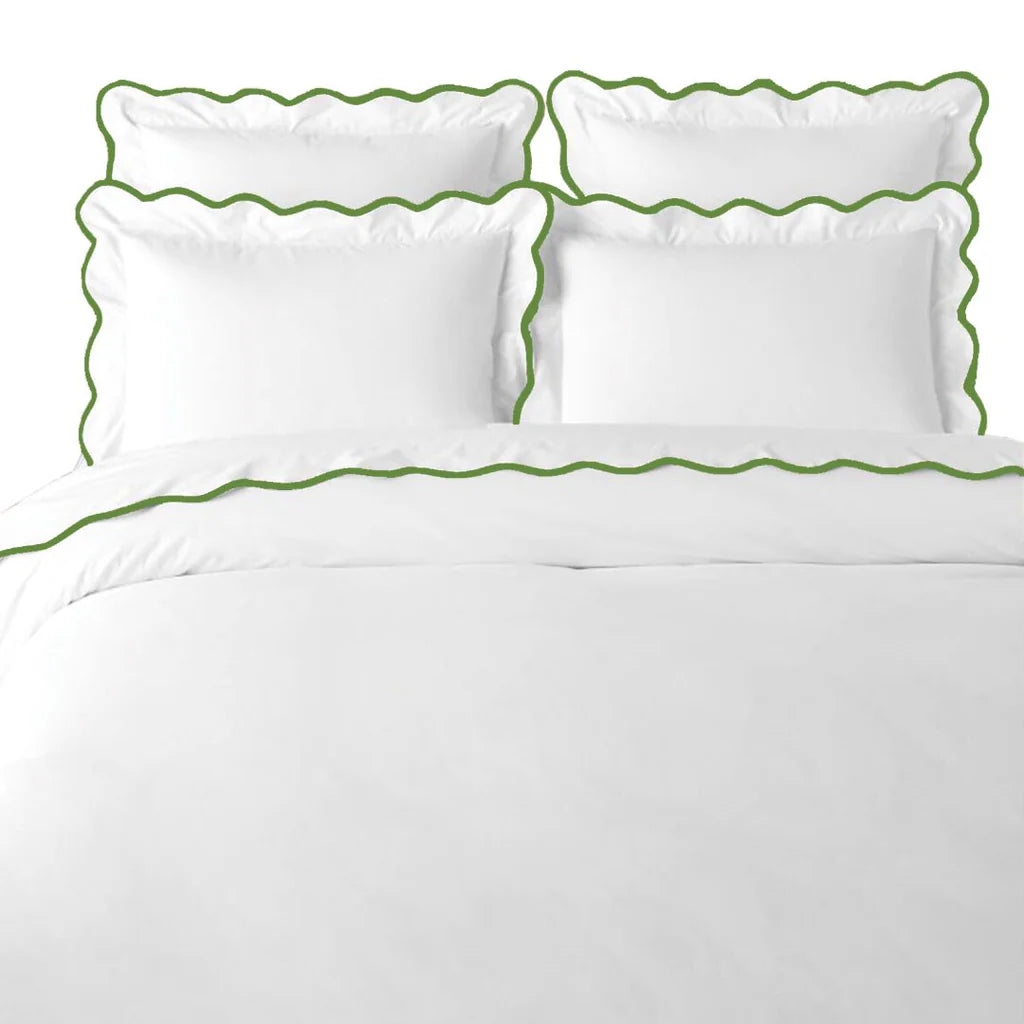 Scalloped Duvet Cover, Green/White, Queen