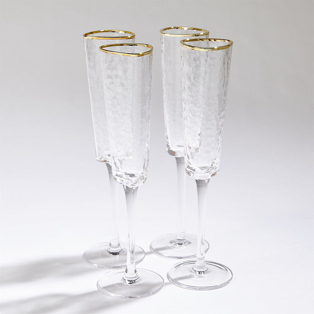 Global Views Hammered Champagne Glasses, Clear with Gold Rim
