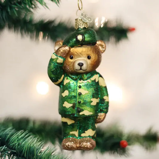 Old World Army Bear Glass Christmas Ornament