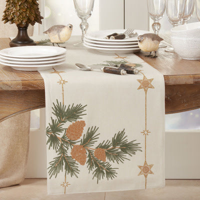 Saro Embroidered Pinecone Runner Linen 16x72