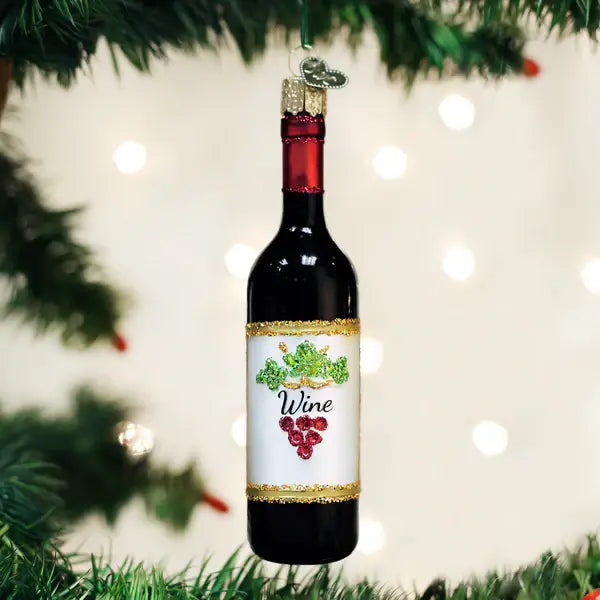 Old World Red wine Bottle Glass Ornament