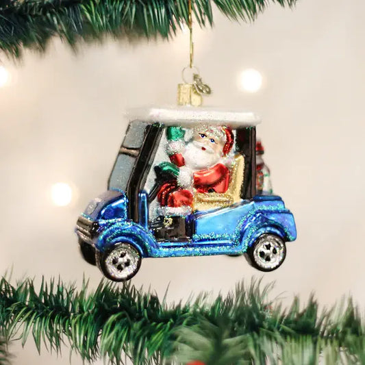 Old World Golf Cart Santa Glass Ornament