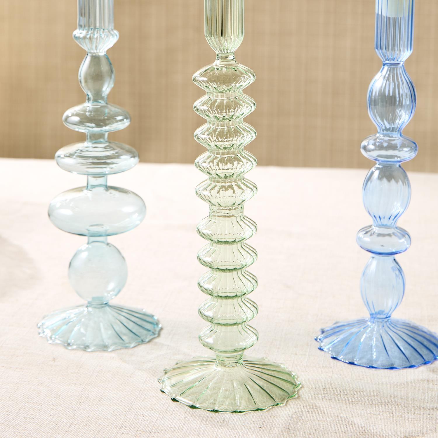 Set of 5 hand blown glass candlesticks in shades of blue