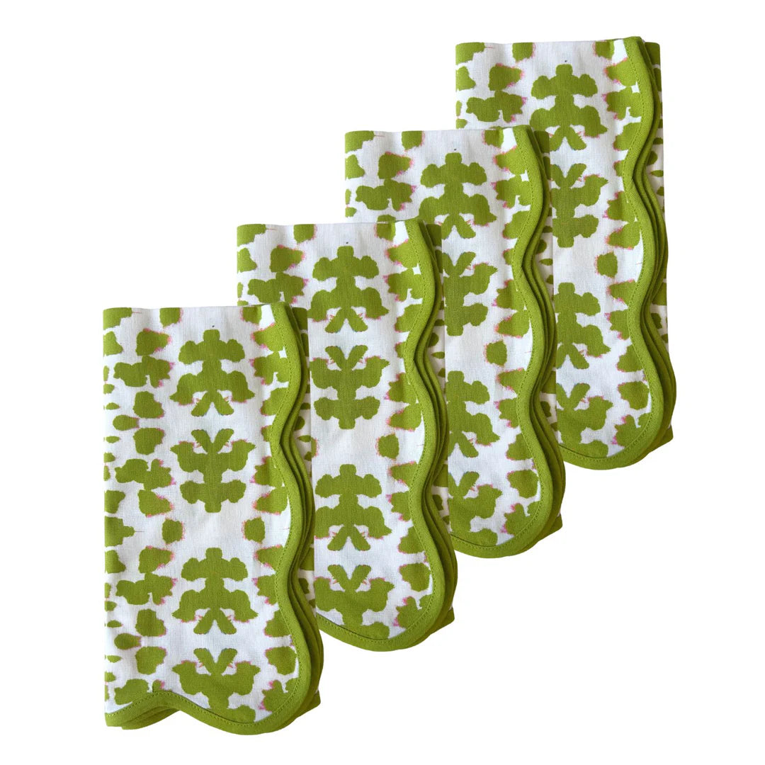 Chintz Green Scalloped Dinner Napkins, Set of 4