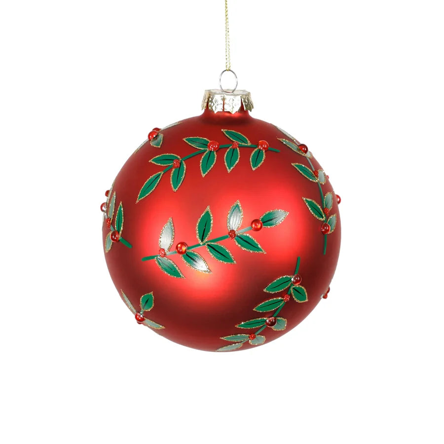 Red Glass Ball Ornament Leaf Pattern