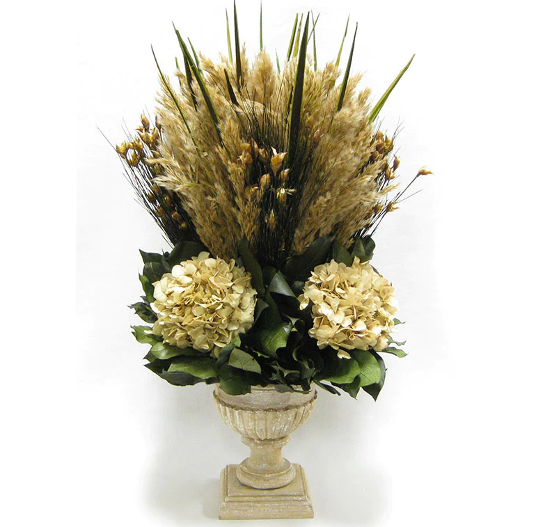 Bougainvillea Wooden Weathered Ribbed Urn-Grass Plumes Natural & Hydrangea Ivory