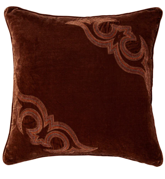 HiEND Boot Stitch Embroidered Silk Velvet Pillow, 22x22, Copper Brown