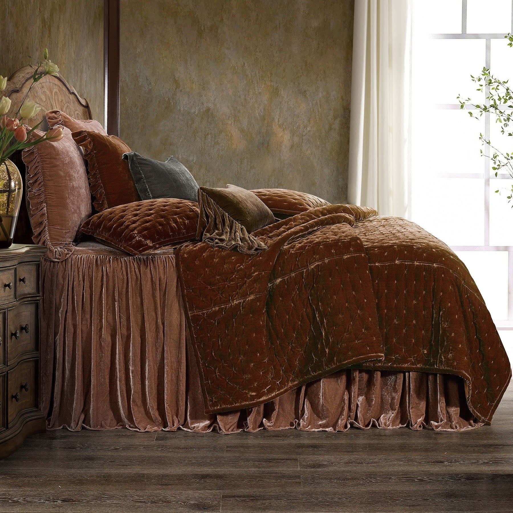 HIEND Stella Velvet Bedspread Set Queen Copper Brown