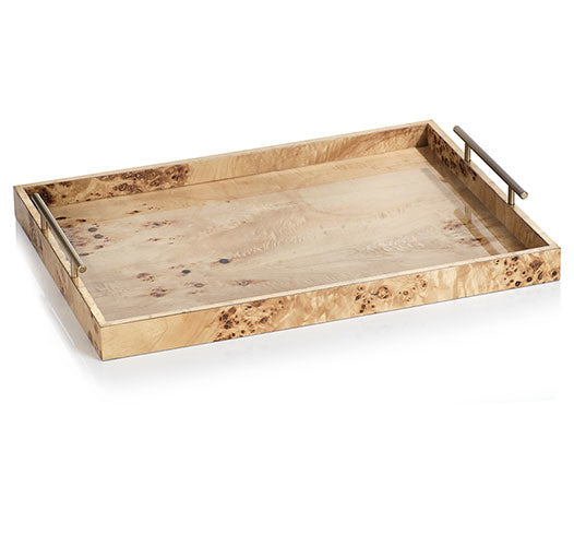 Zodax Leiden Burl Wood Rectangular Tray with Gold Handles, 21"