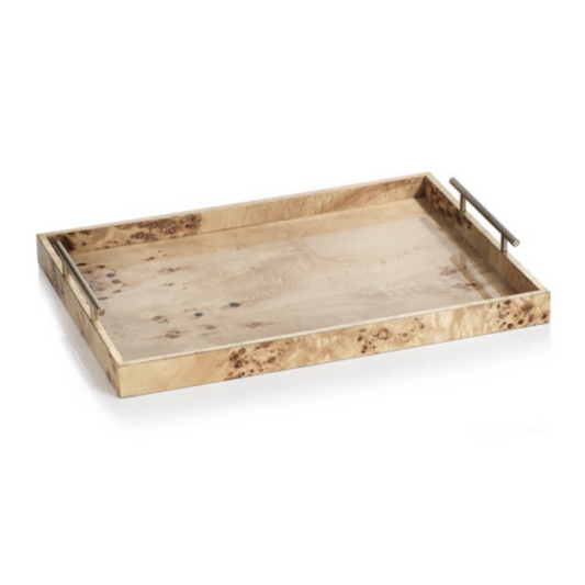 Zodax Leiden Burl Wood Rectangular Tray, Gold Handles, Medium